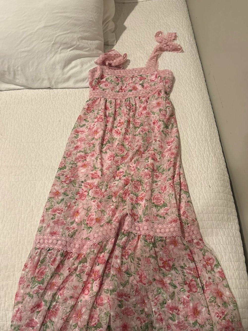 Pink Floral Maxi Sundress with Lace Trim